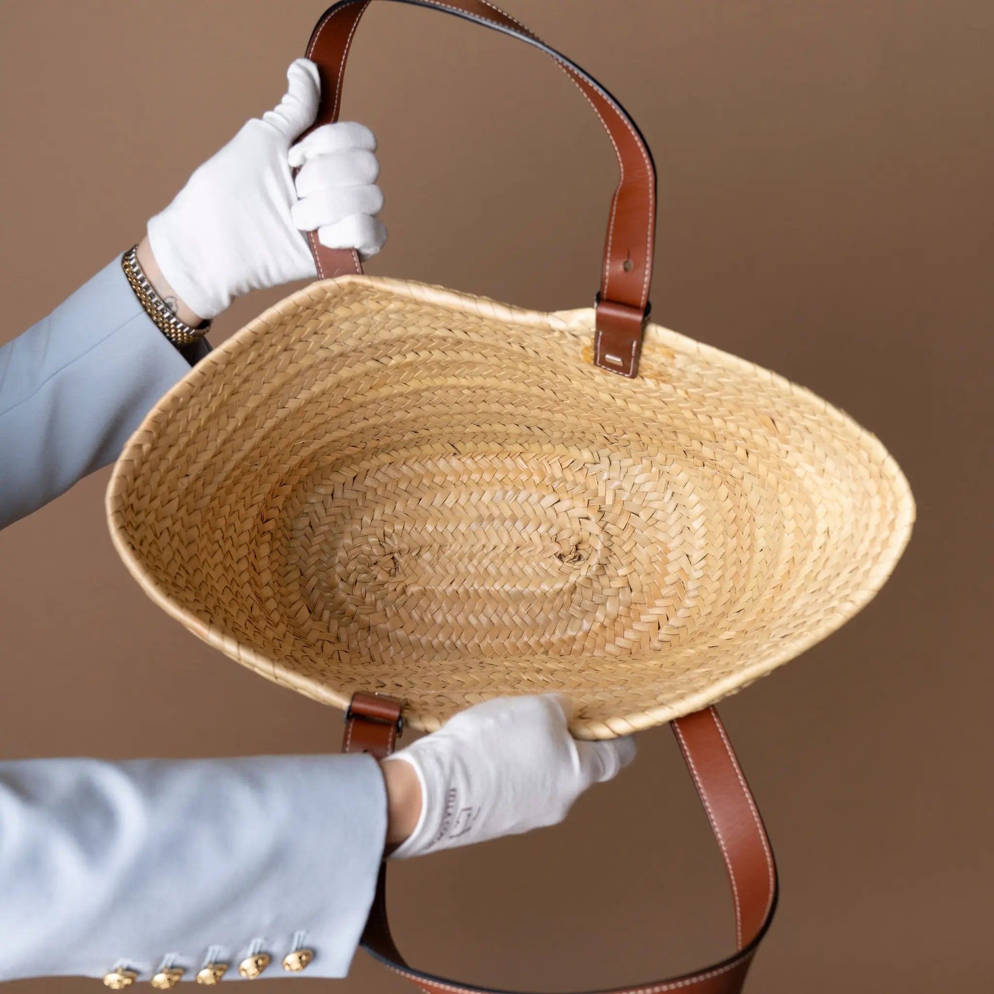 LOEWE Large Floral Embroidered Raffia Basket Tote — Interior Detail
