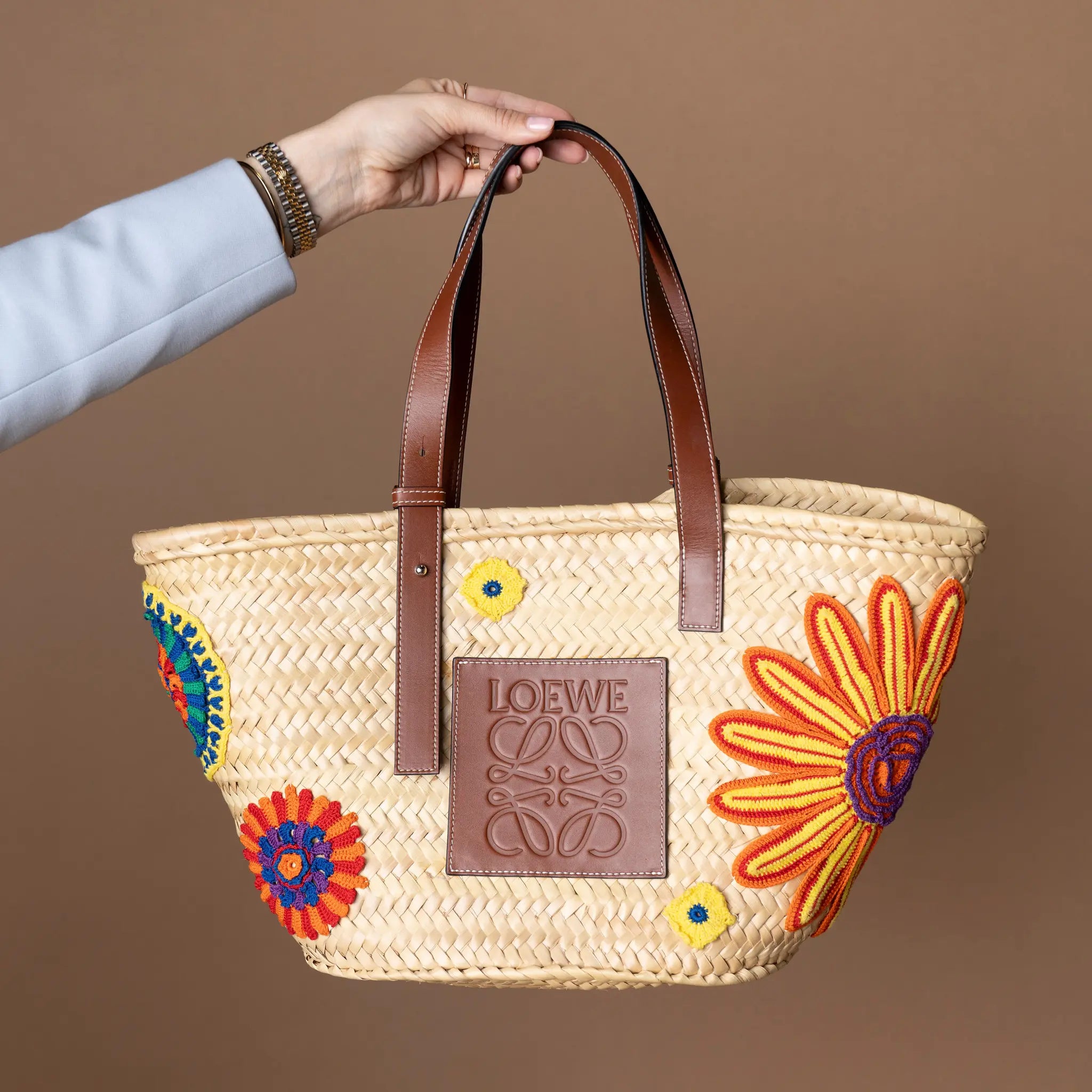 LOEWE Large Floral Embroidered Raffia Basket Tote — Close-up Detail