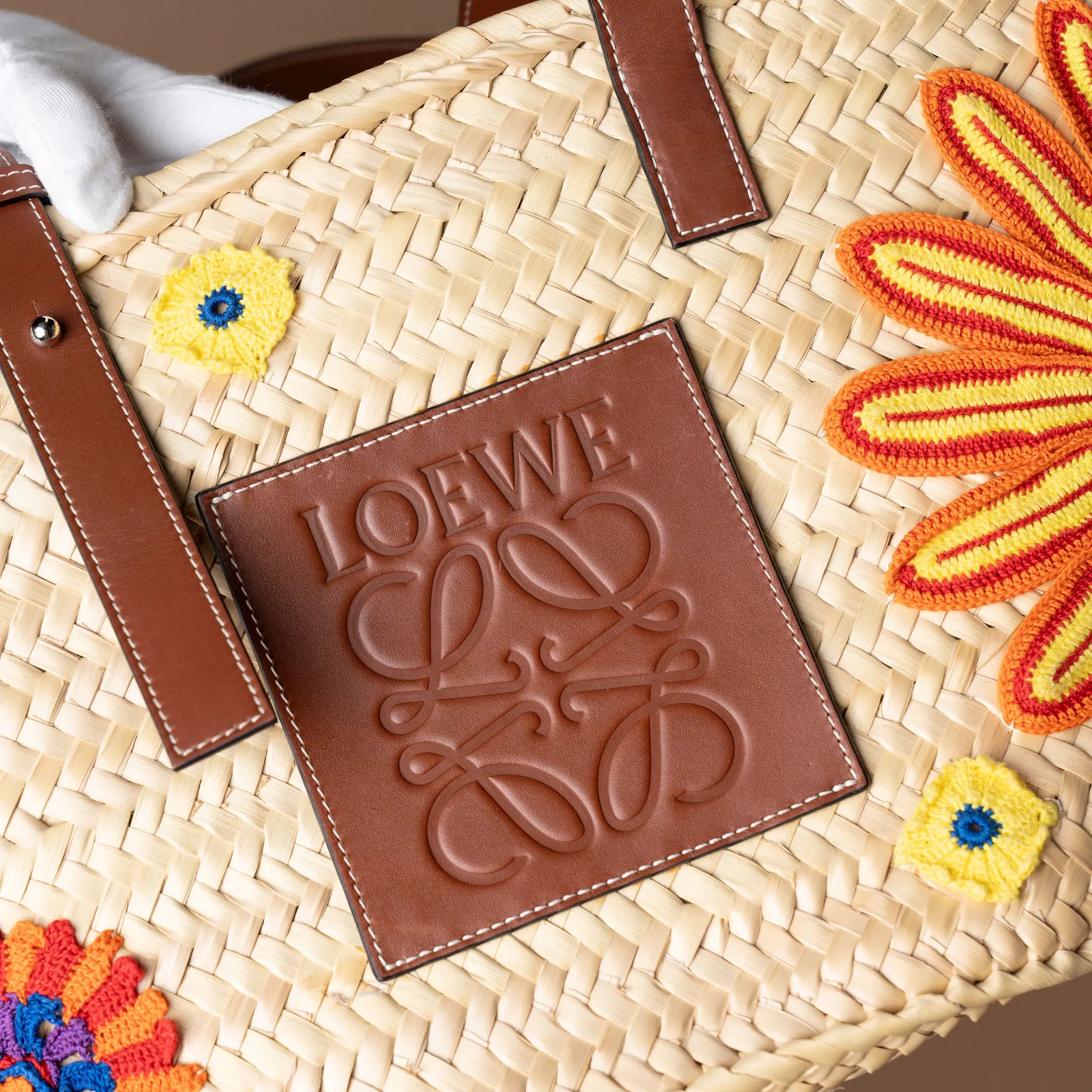 LOEWE Large Floral Embroidered Raffia Basket Tote — Detail View