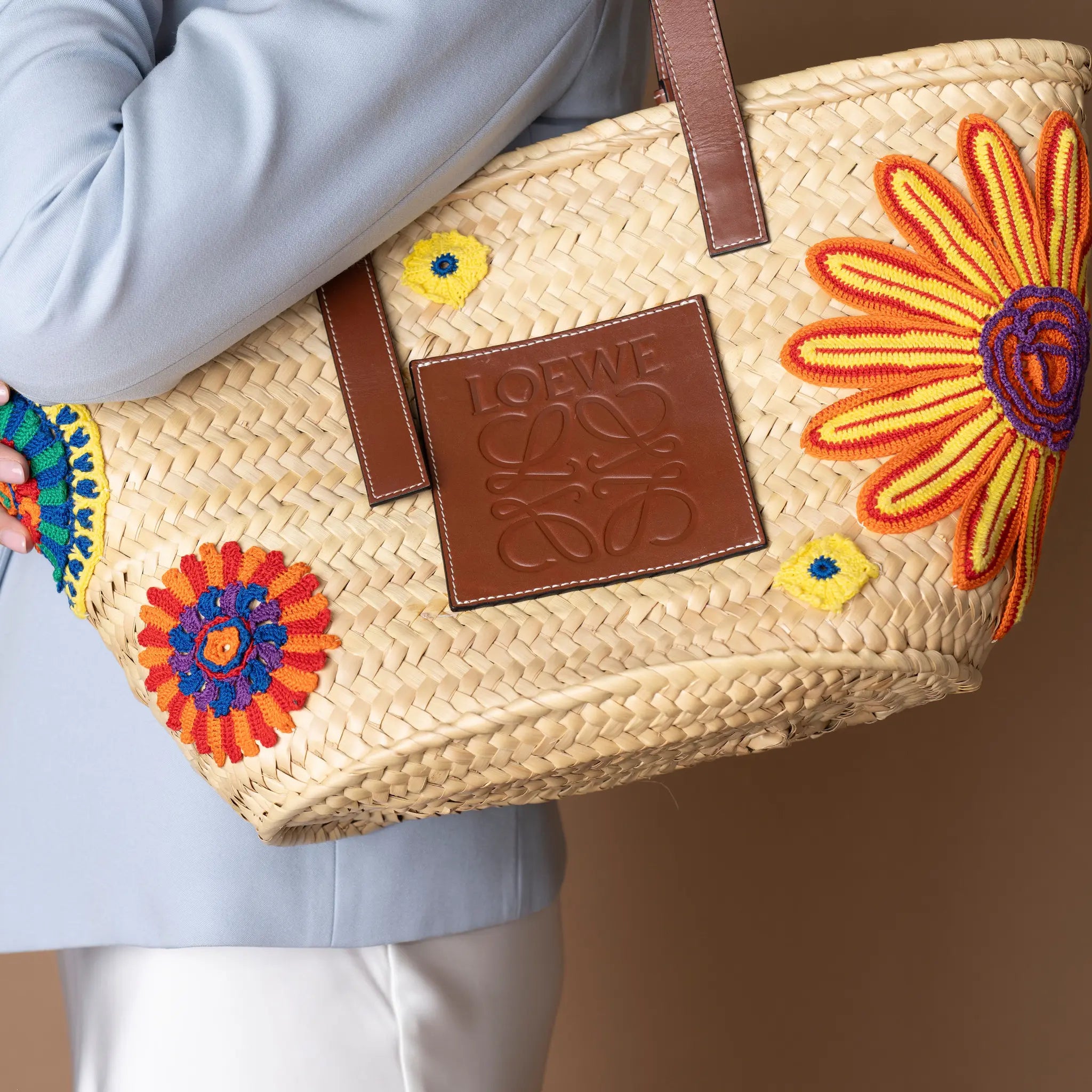 LOEWE Large Floral Embroidered Raffia Basket Tote — Additional View