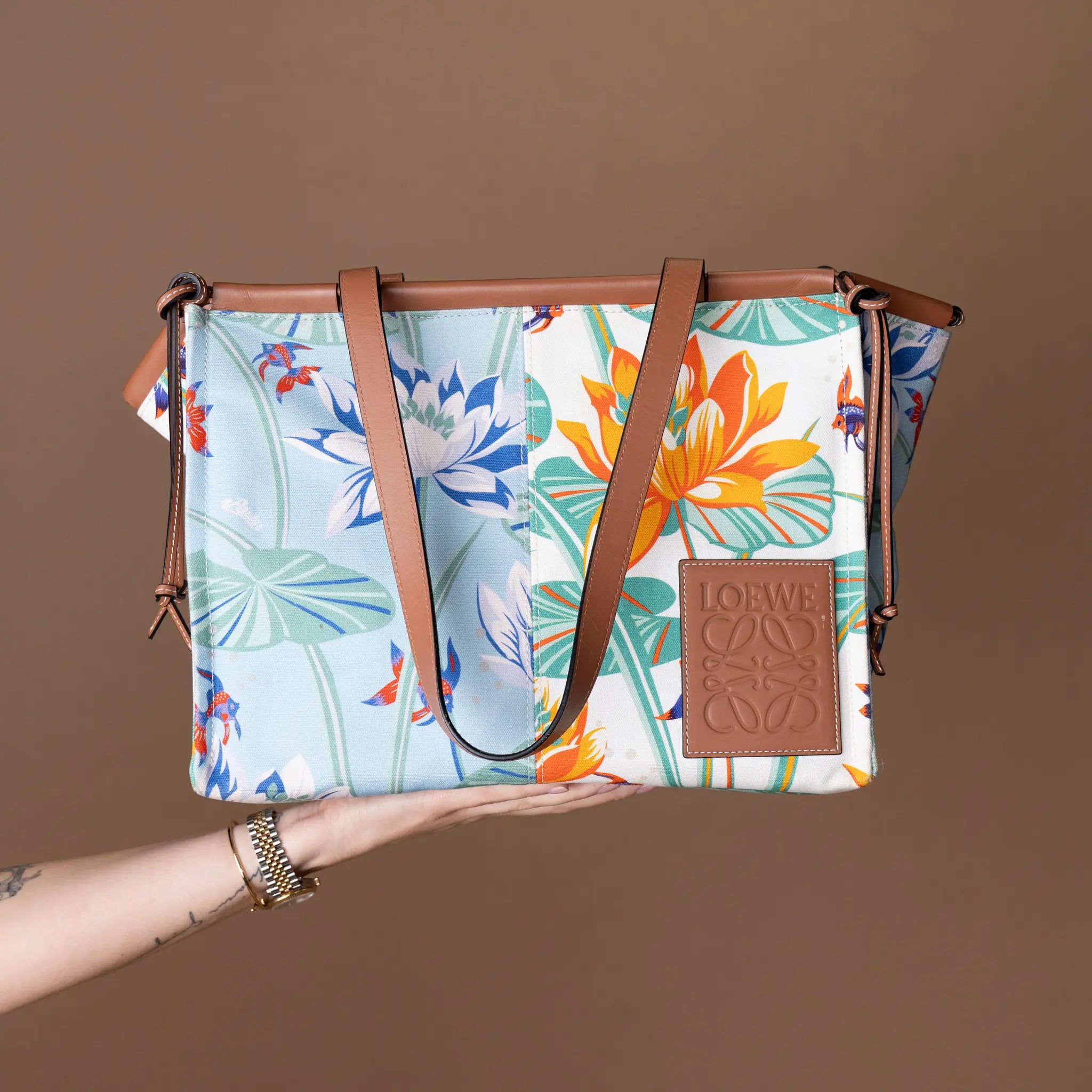 LOEWE Paulas Ibiza Small Canvas Waterlily Print Cushion Tote — Interior Detail