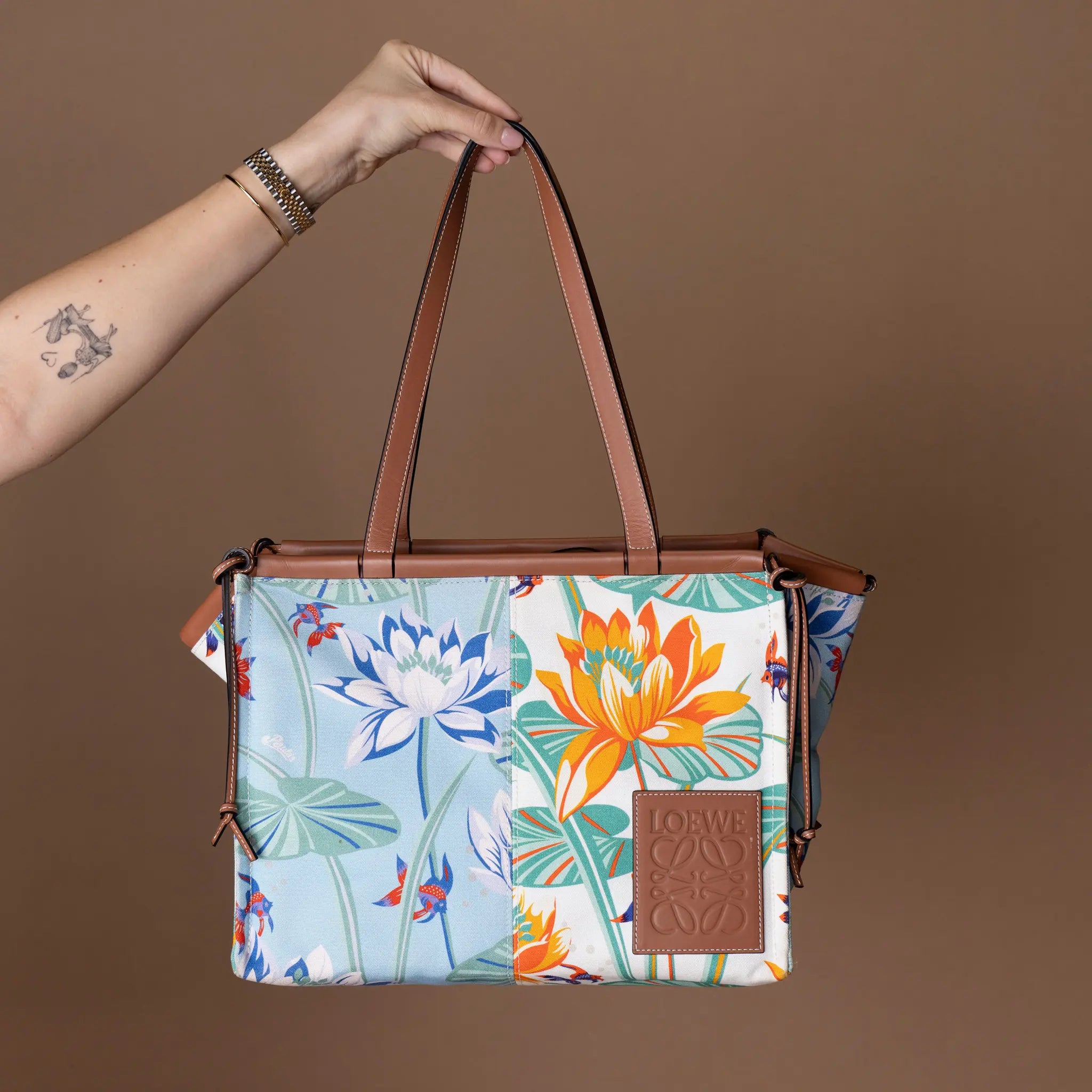 LOEWE Paulas Ibiza Small Canvas Waterlily Print Cushion Tote — Detail View