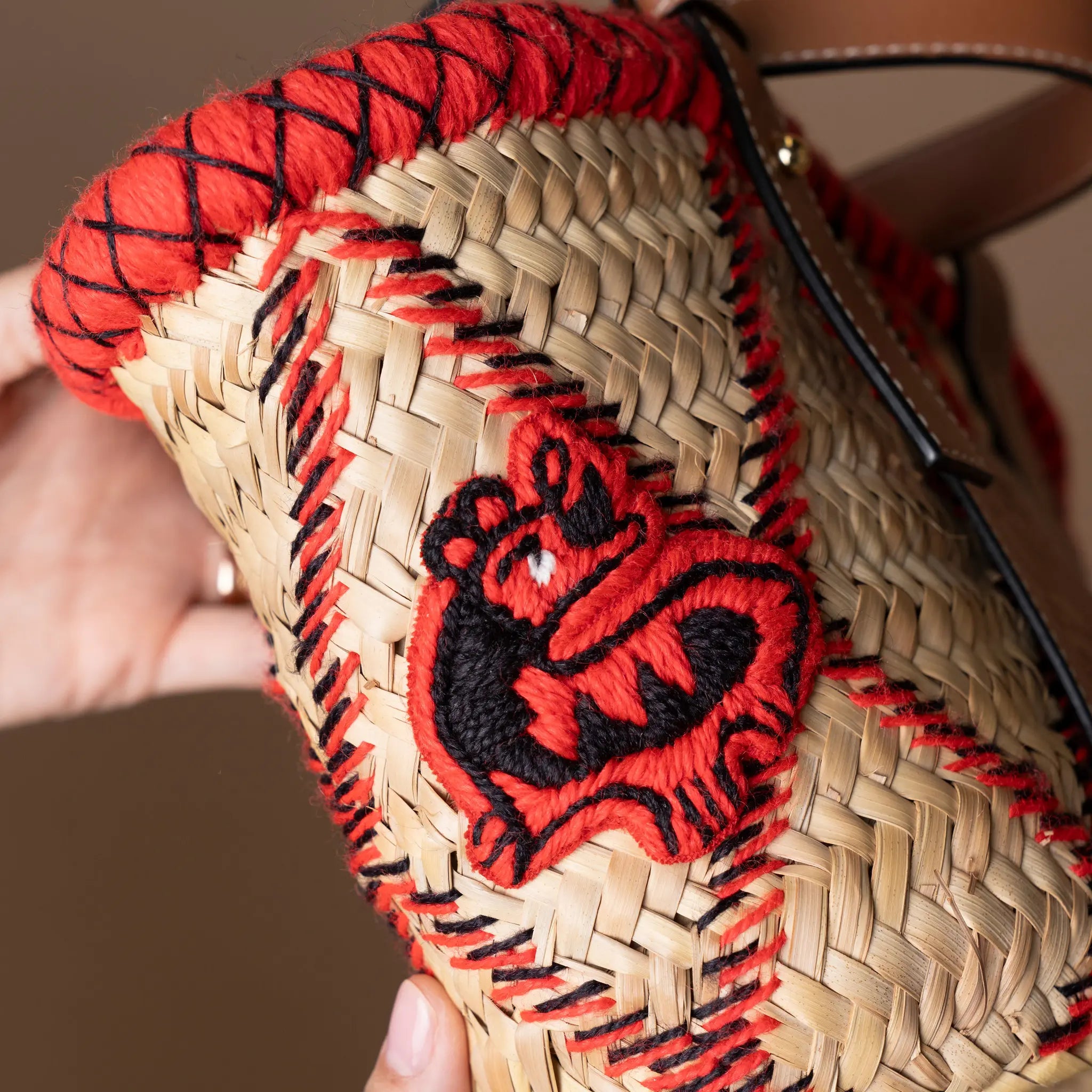 Loewe Small Raffia Animal Embroidered Bakset Tote — Interior Detail