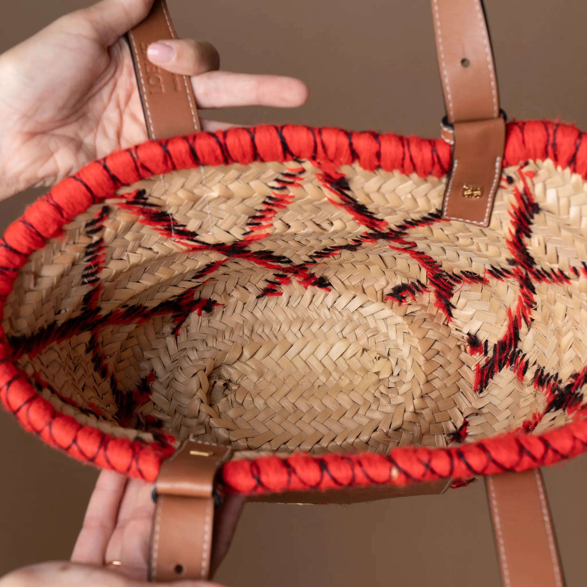 Loewe Small Raffia Animal Embroidered Bakset Tote — Close-up Detail