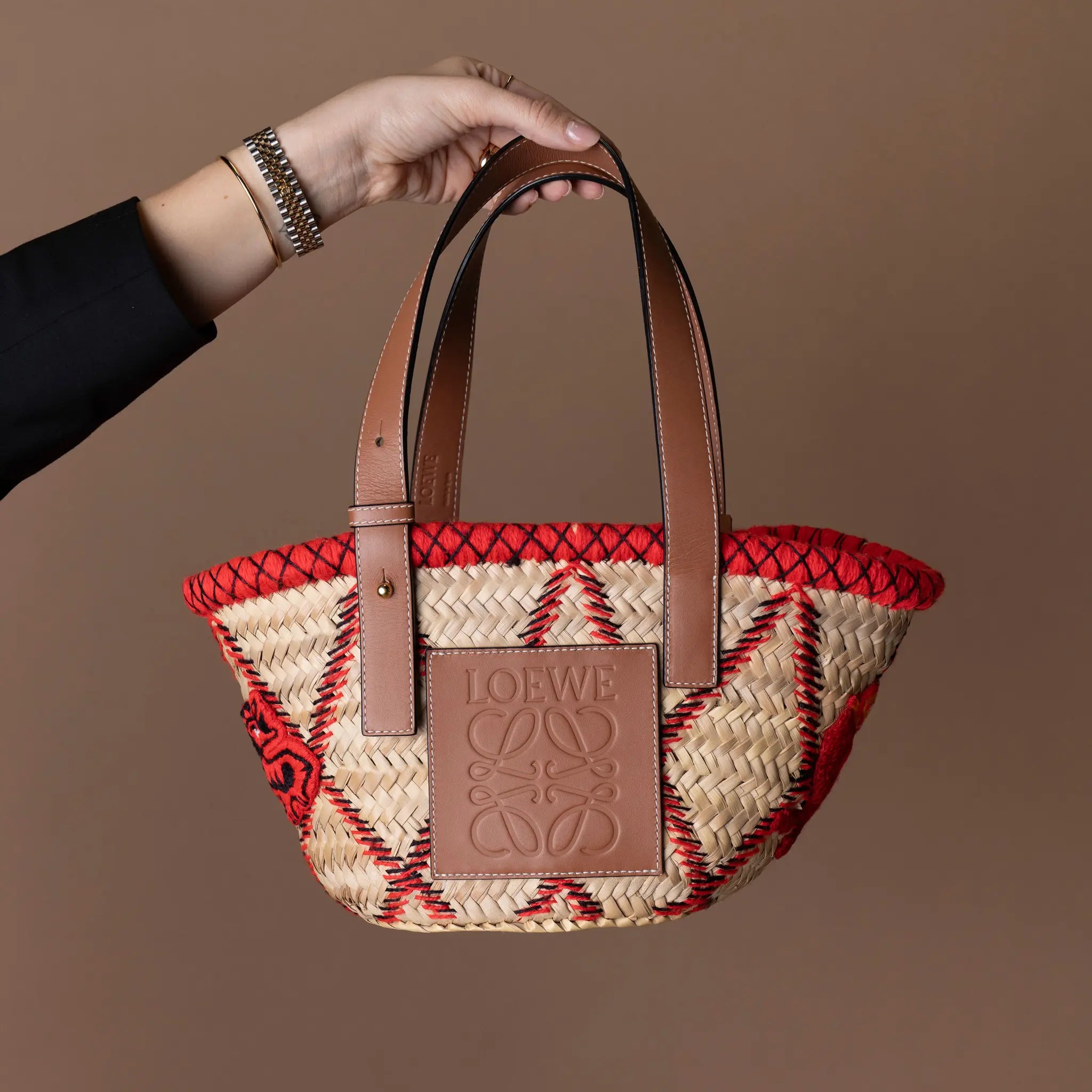 LOEWE Small Raffia Animal Embroidered Basket Tote