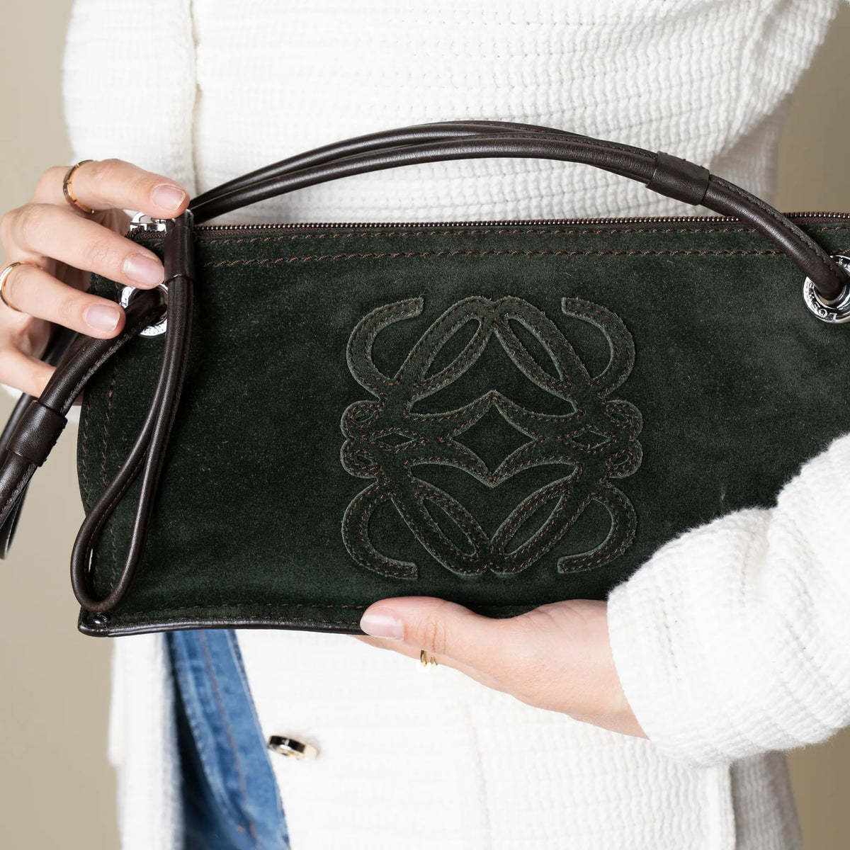 Loewe Vintage Suede Anagram Logo Shoulder Bag — Front View