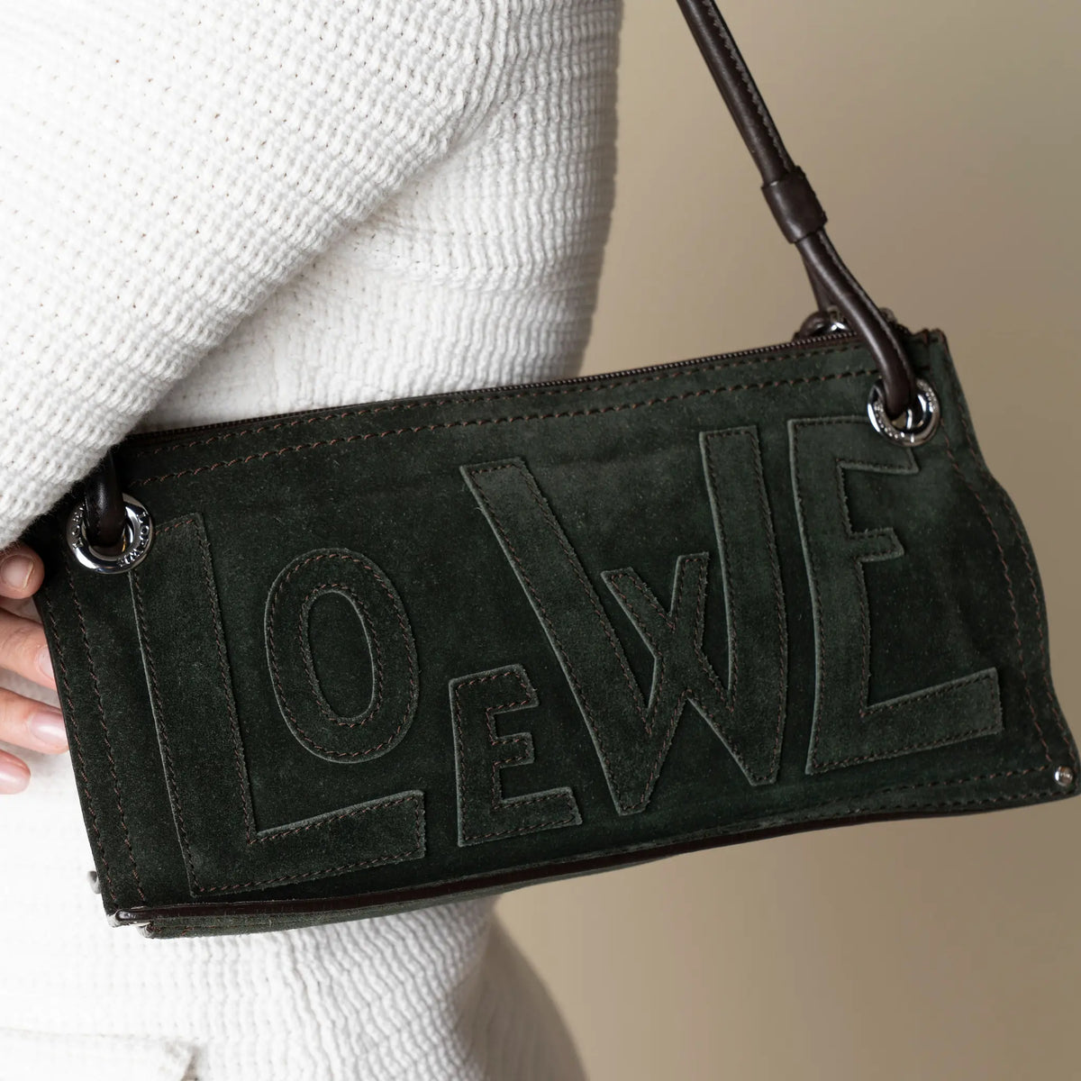 Loewe Vintage Suede Anagram Logo Shoulder Bag — Side Profile