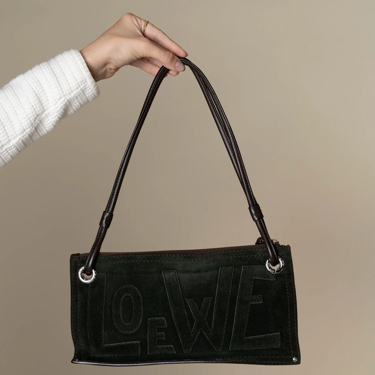 Loewe Vintage Suede Anagram Logo Shoulder Bag — Interior Detail