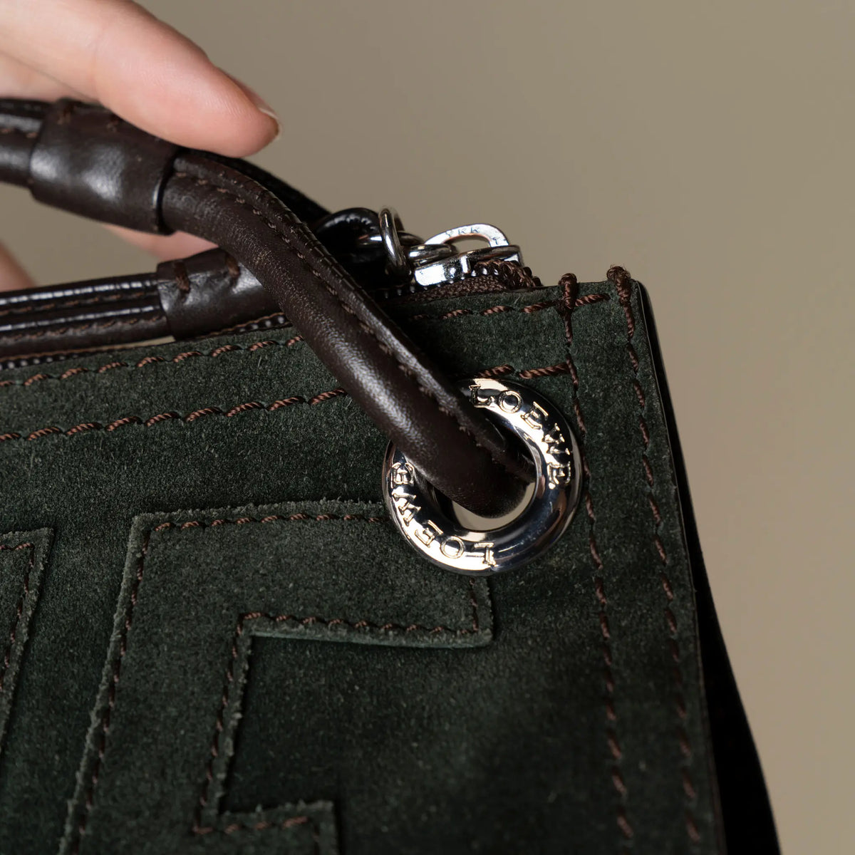 Loewe Vintage Suede Anagram Logo Shoulder Bag — Close-up Detail