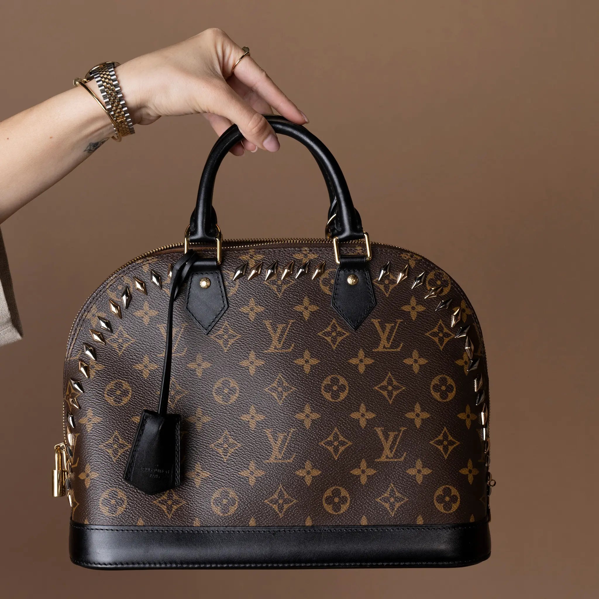 Louis Vuitton Monogram Macassar Studded Alma PM — Back View