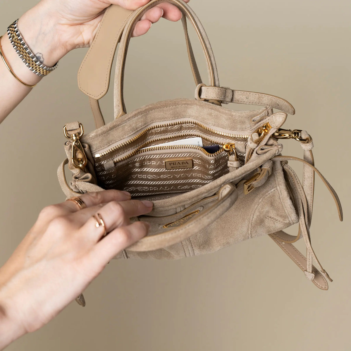 Prada Bonnie Suede Mini Habdbag — Interior Detail