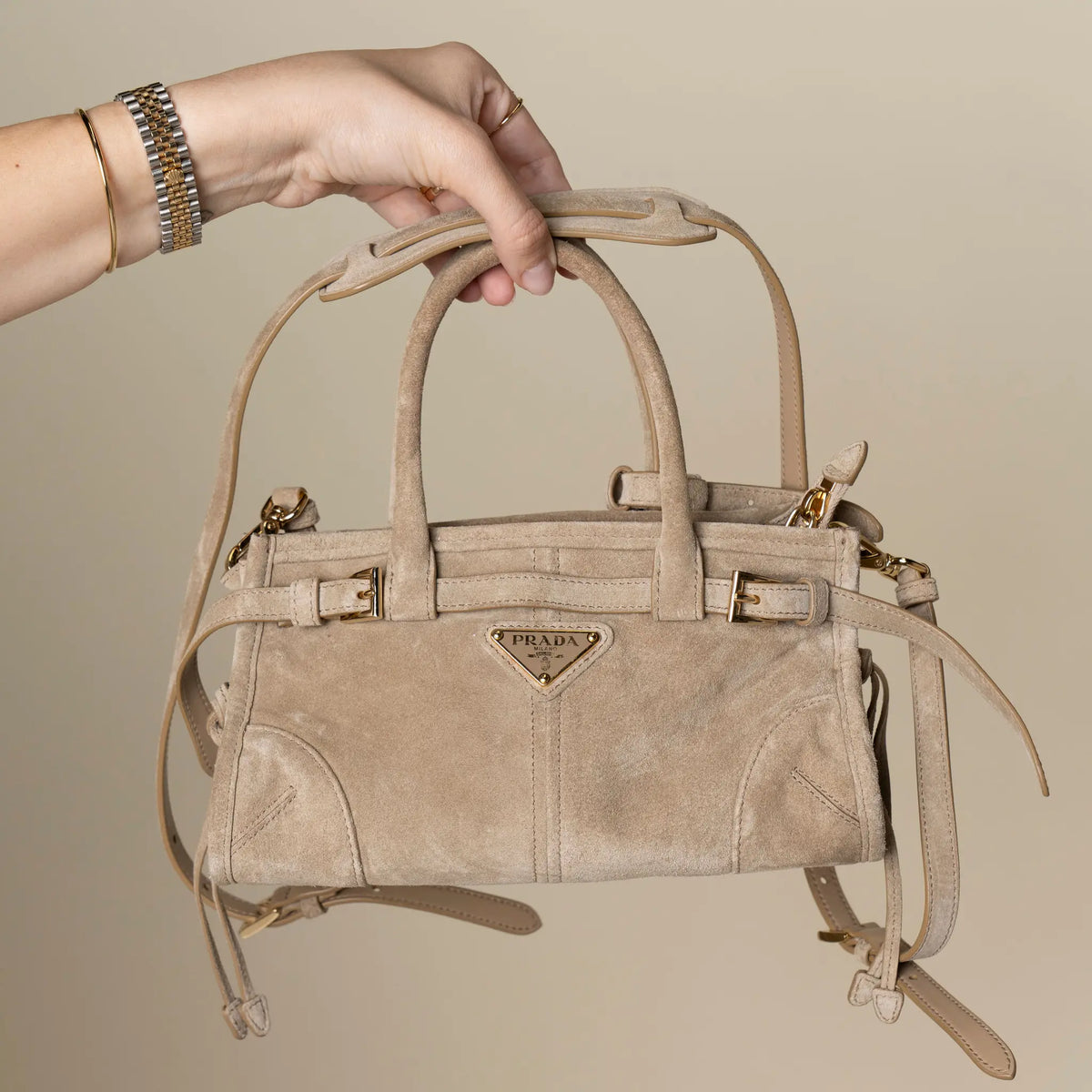 Prada Bonnie Suede Mini Habdbag — Close-up Detail