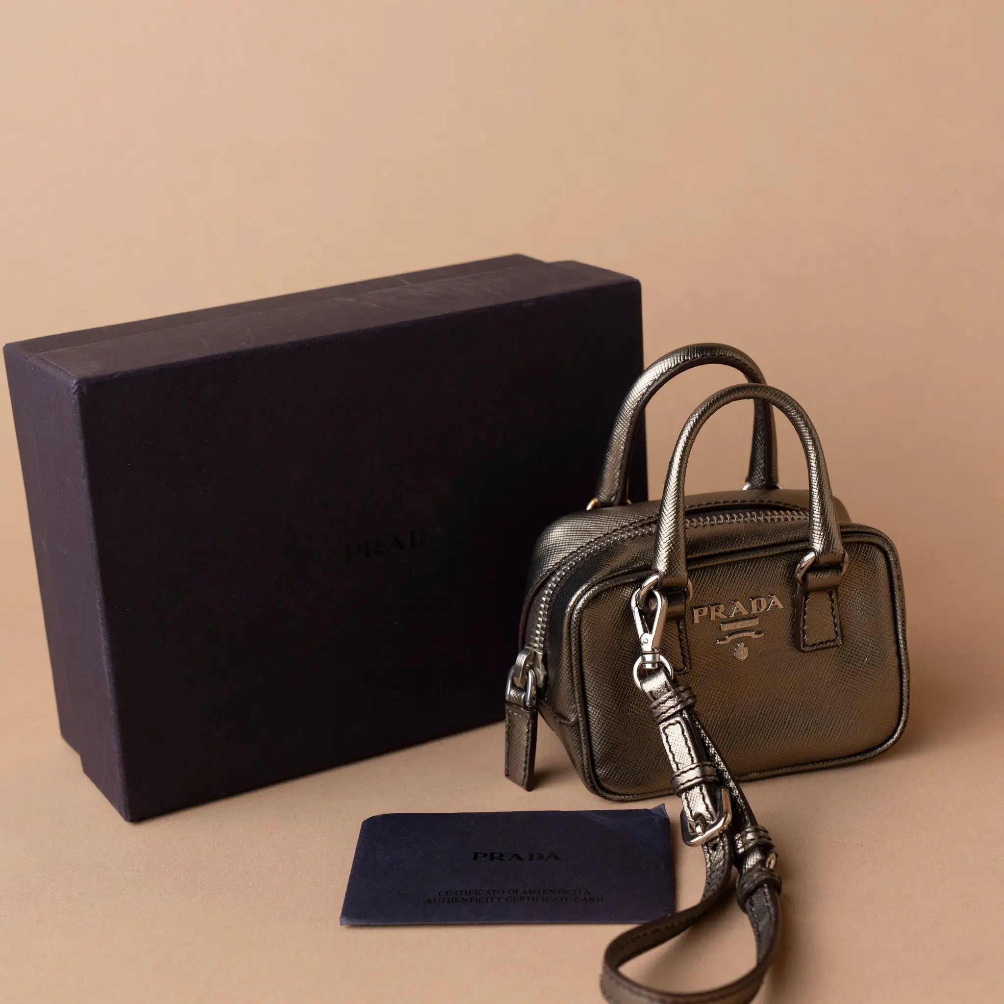 Prada Mini Metallic Saffiano Top Handle Bag Charm — Front View