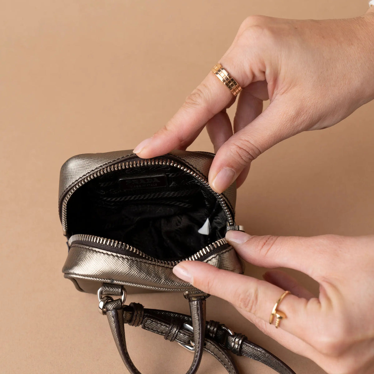 Prada Mini Metallic Saffiano Top Handle Bag Charm — Back View