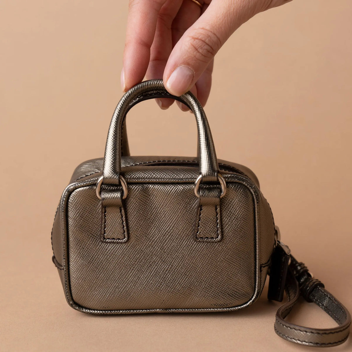 Prada Mini Metallic Saffiano Top Handle Bag Charm — Side Profile