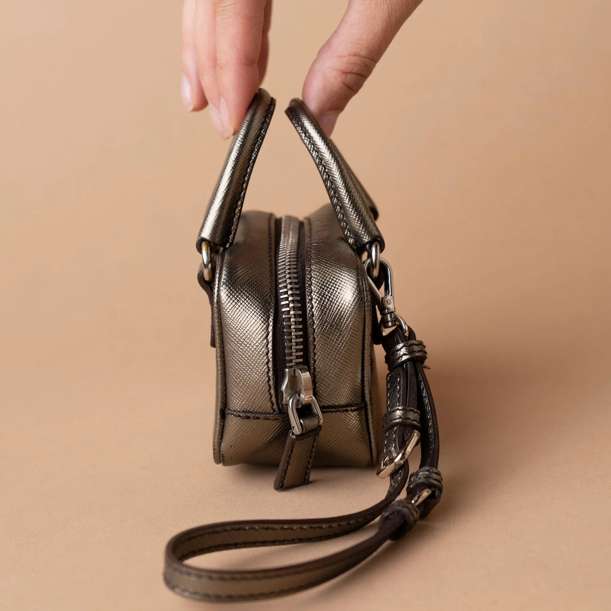 Prada Mini Metallic Saffiano Top Handle Bag Charm — Interior Detail
