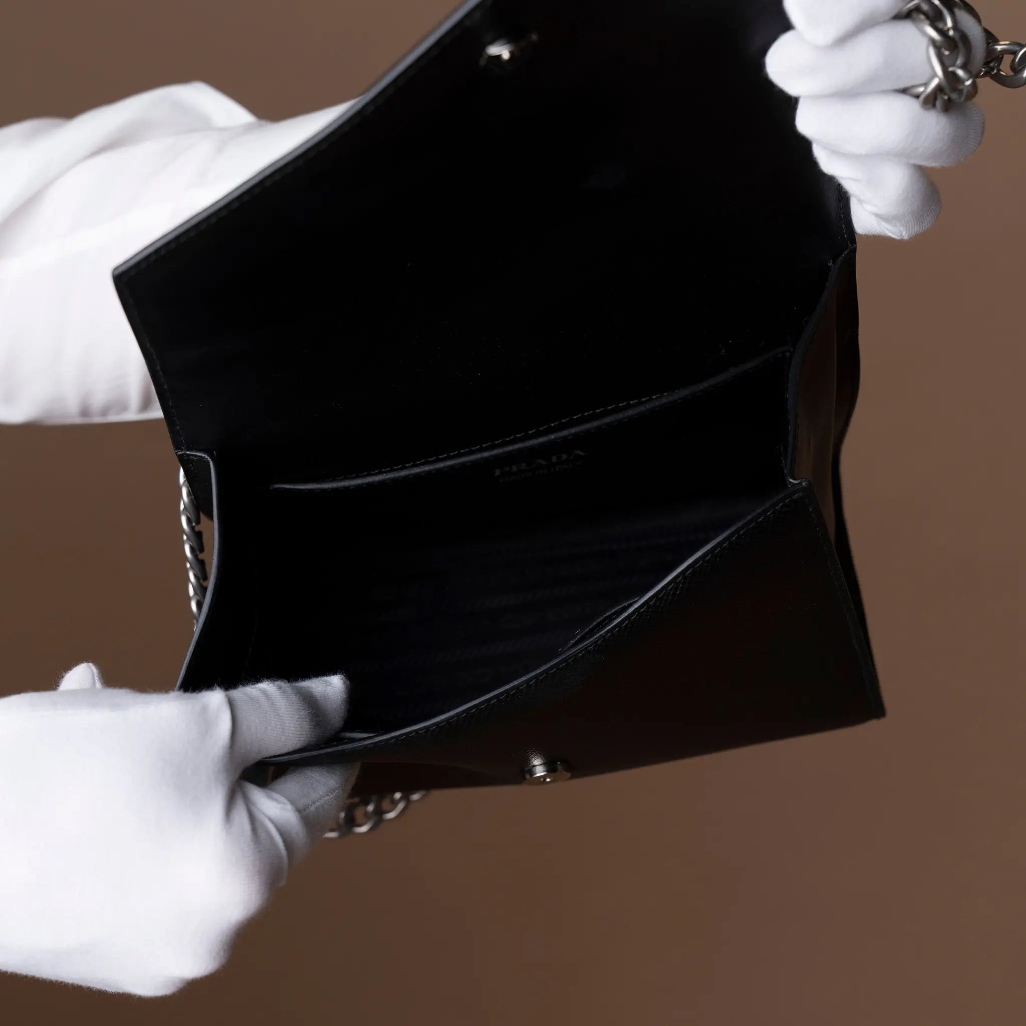 Prada Saffiano Envelope Chain Shoulder Bag — Front View