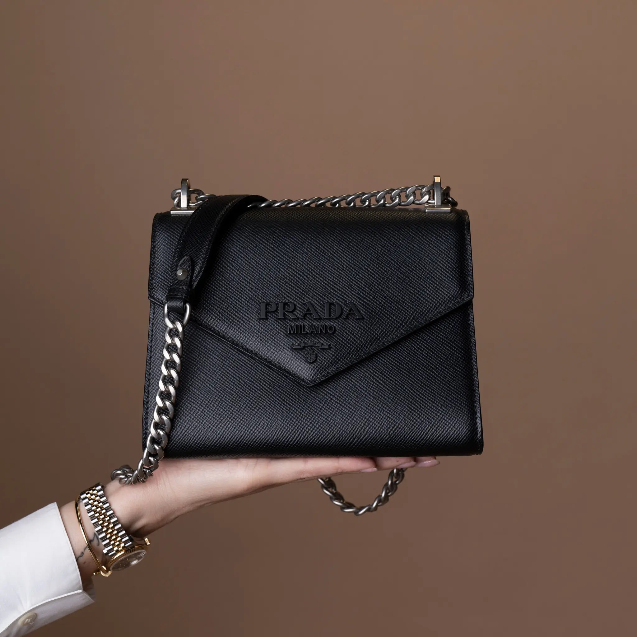 Prada Saffiano Envelope Chain Shoulder Bag — Close-up Detail