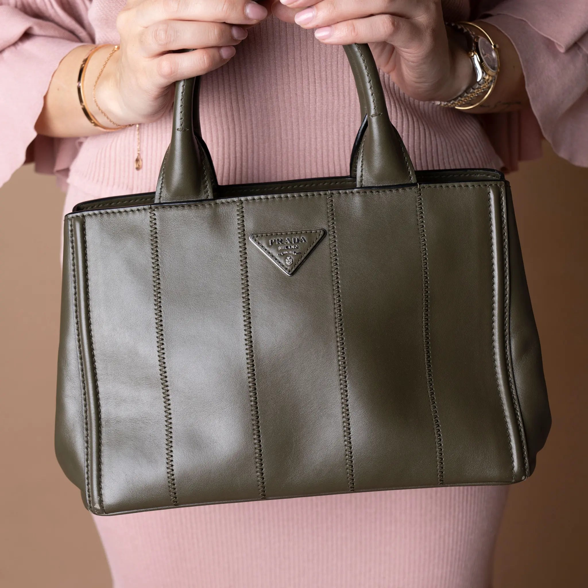 Prada Vitello Daino Vertical Stitched Top Handle Bag — Front View