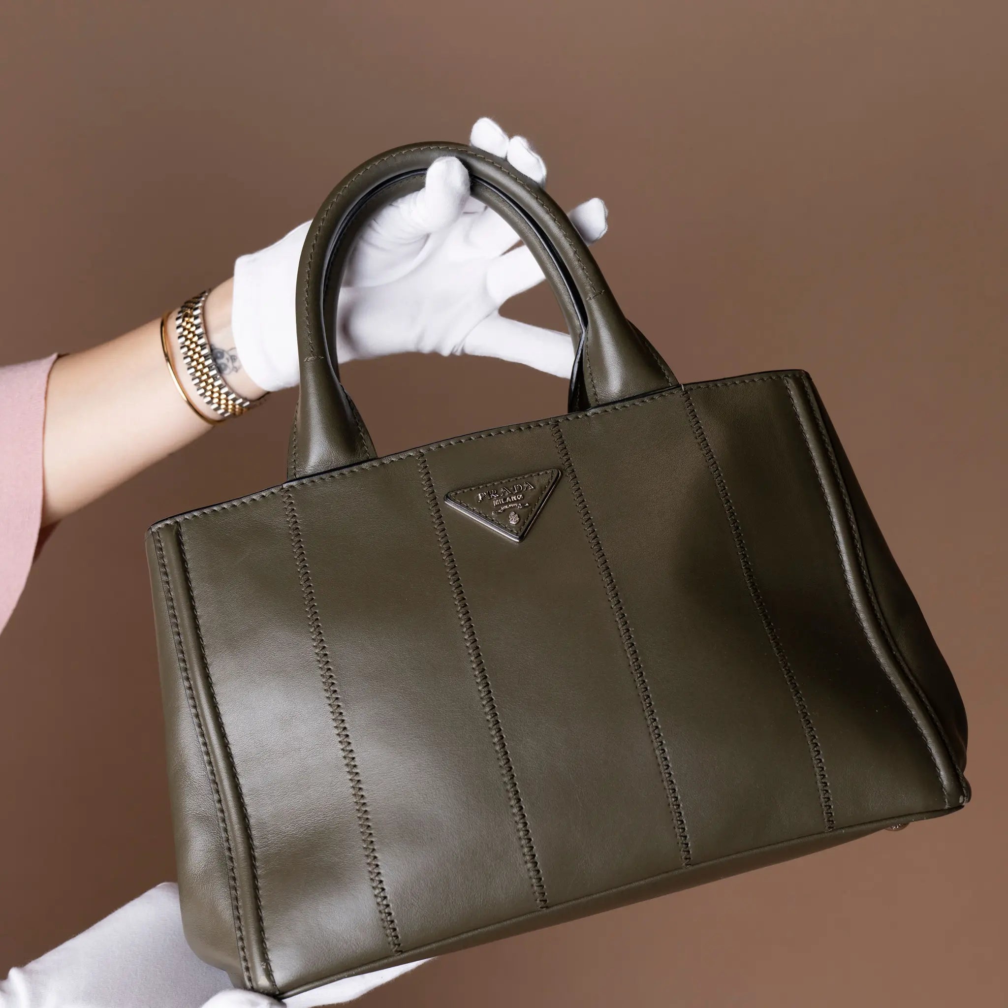 Prada Vitello Daino Vertical Stitched Top Handle Bag — Interior Detail