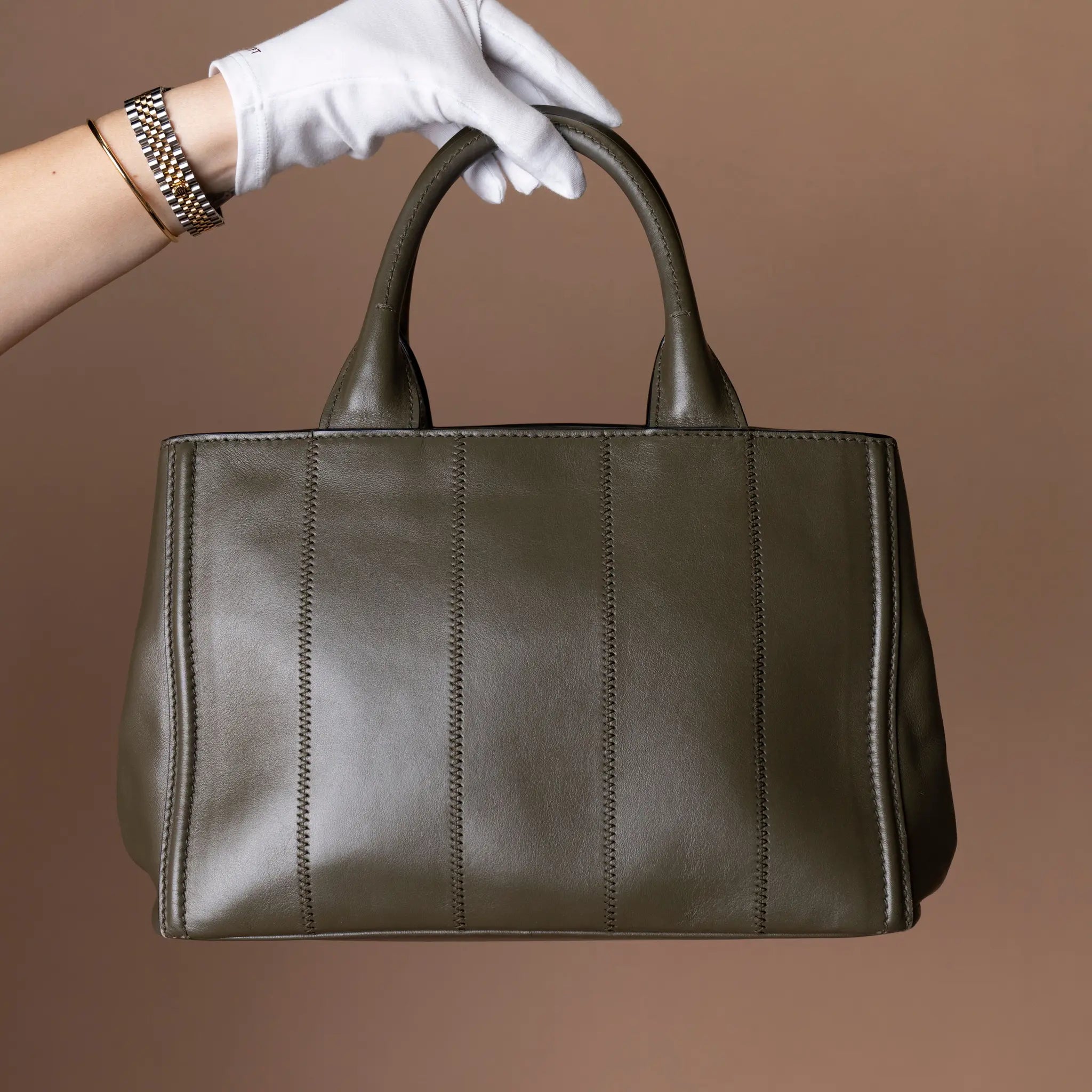 Prada Vitello Daino Vertical Stitched Top Handle Bag — Close-up Detail