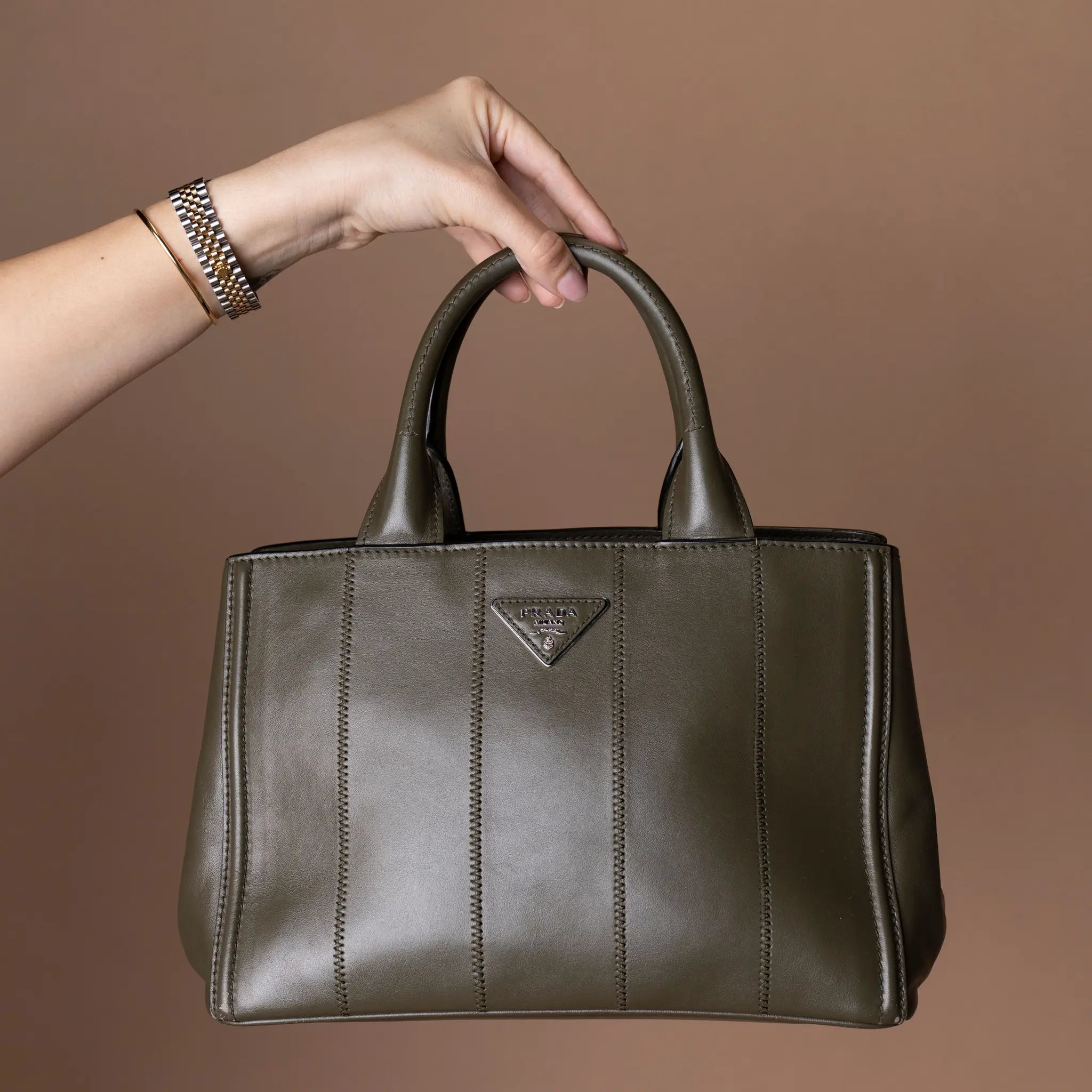 Prada Vitello Daino Vertical Stitched Top Handle Bag — Detail View