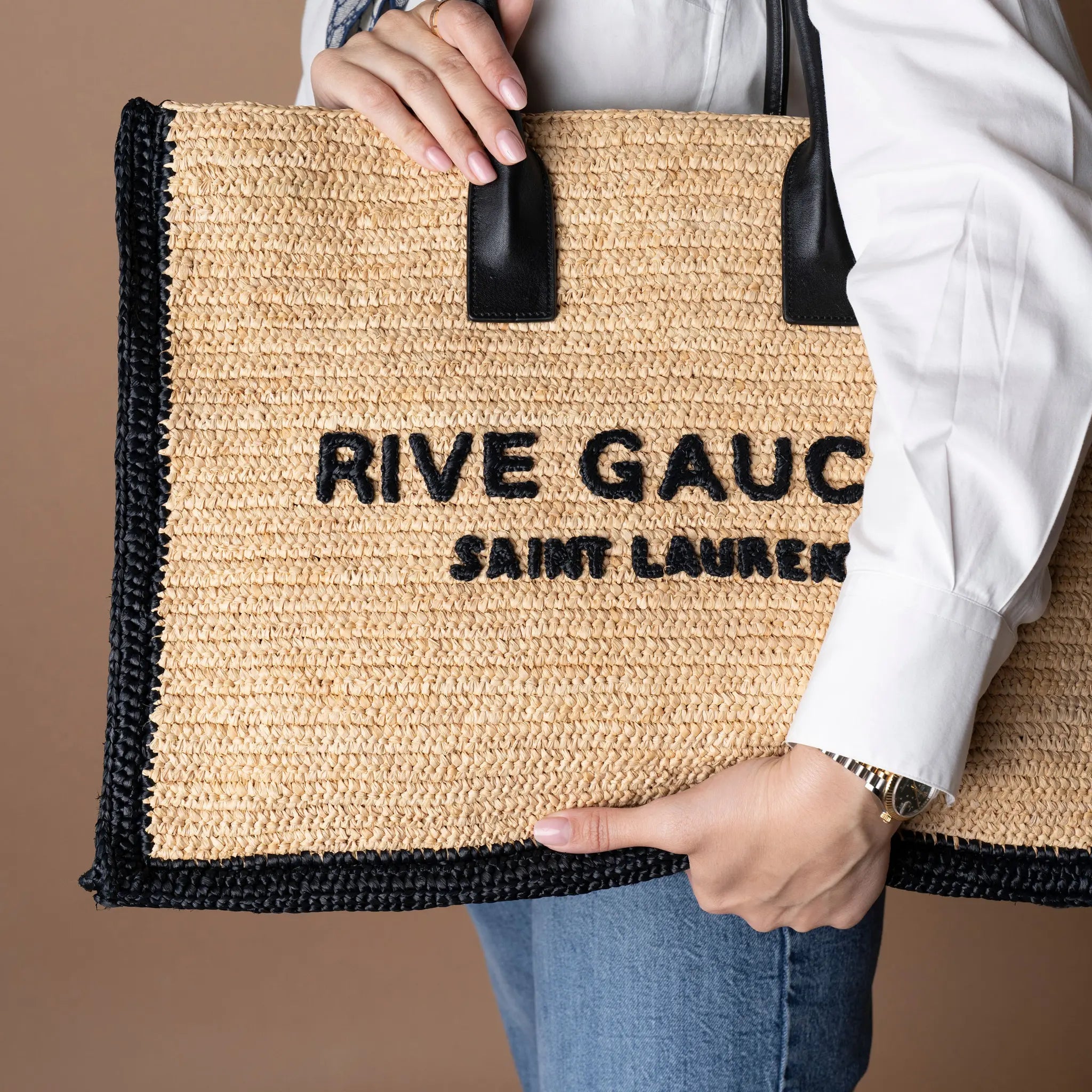 Saint Laurent Large Raffia Rive Gauche Tote — Back View