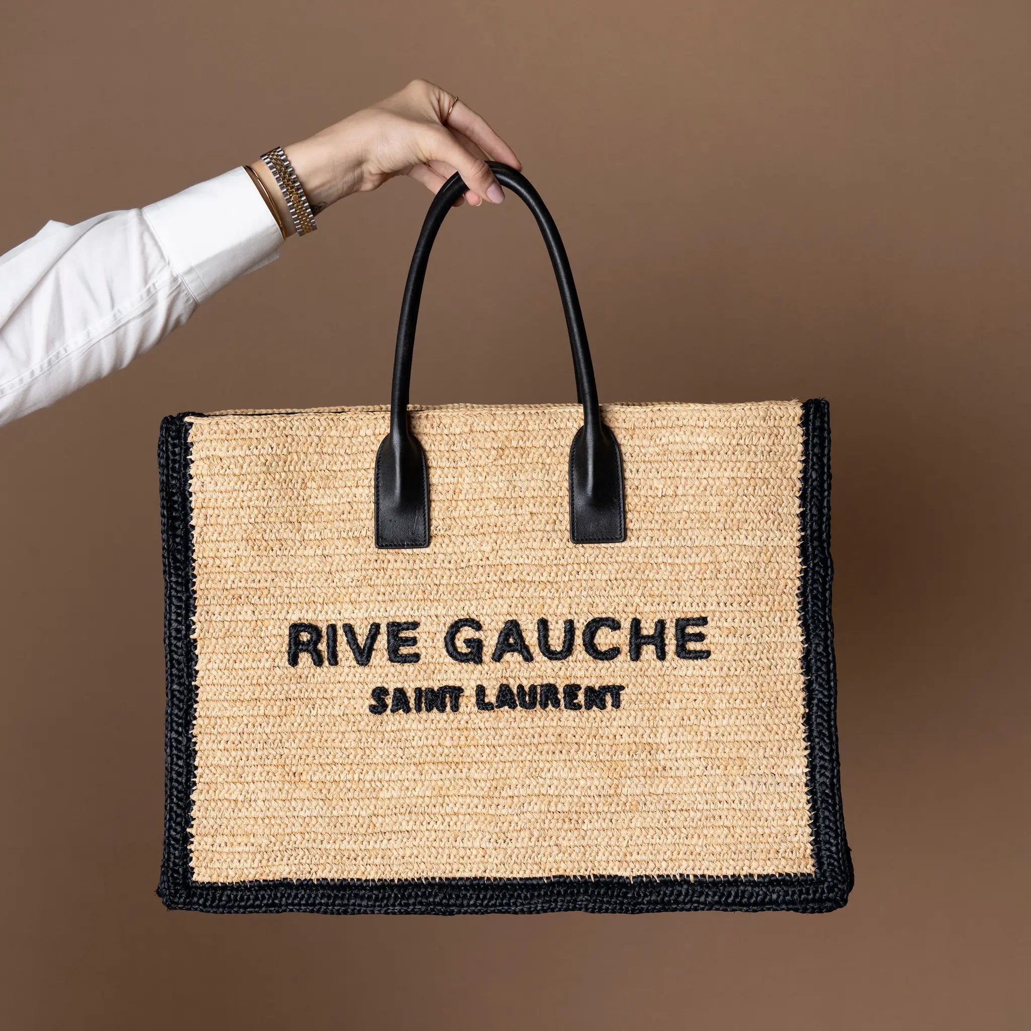 Saint Laurent Large Raffia Rive Gauche Tote — Side Profile