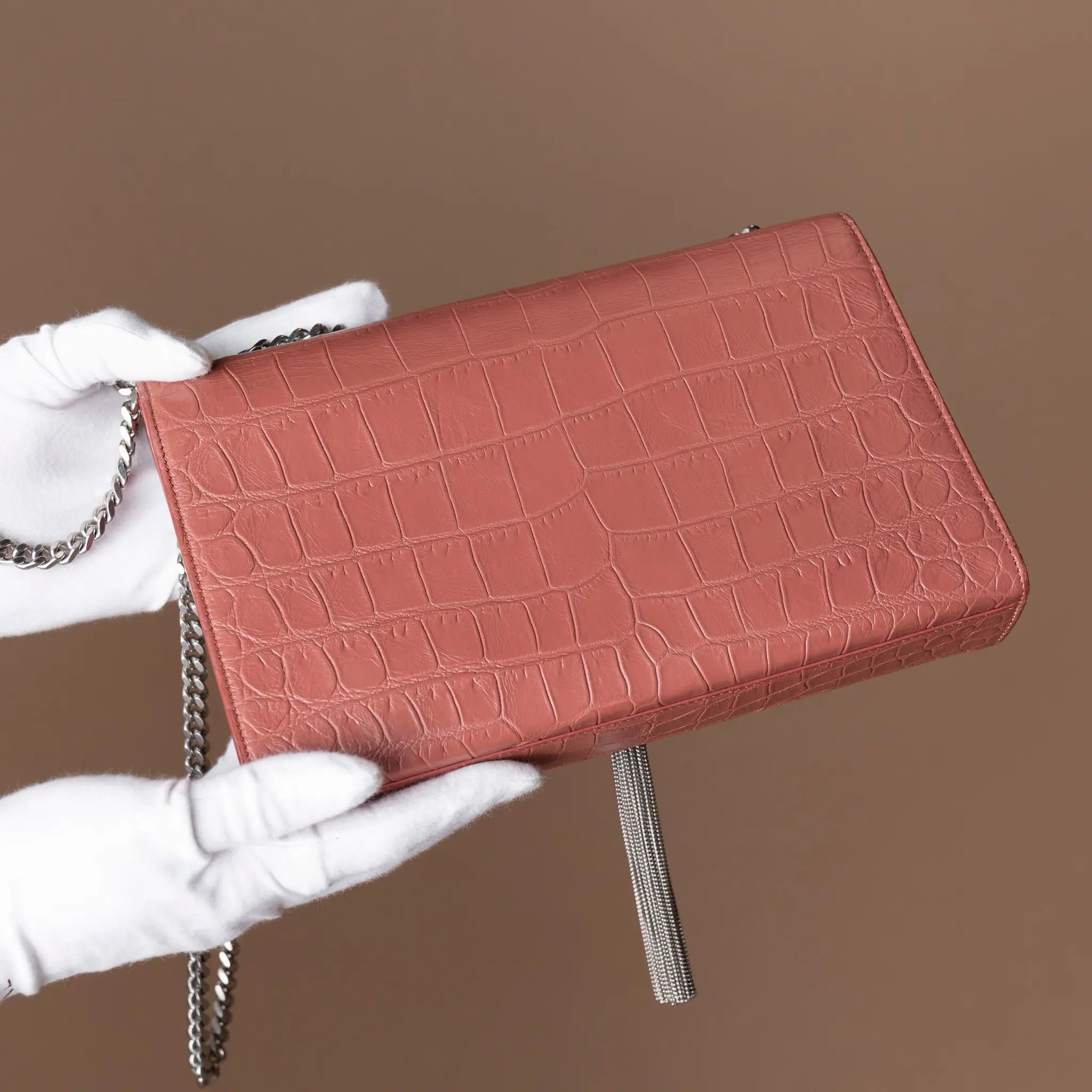 Saint Laurent Medium Croc Embossed Leather Kate Tassel Crossbody — Front View