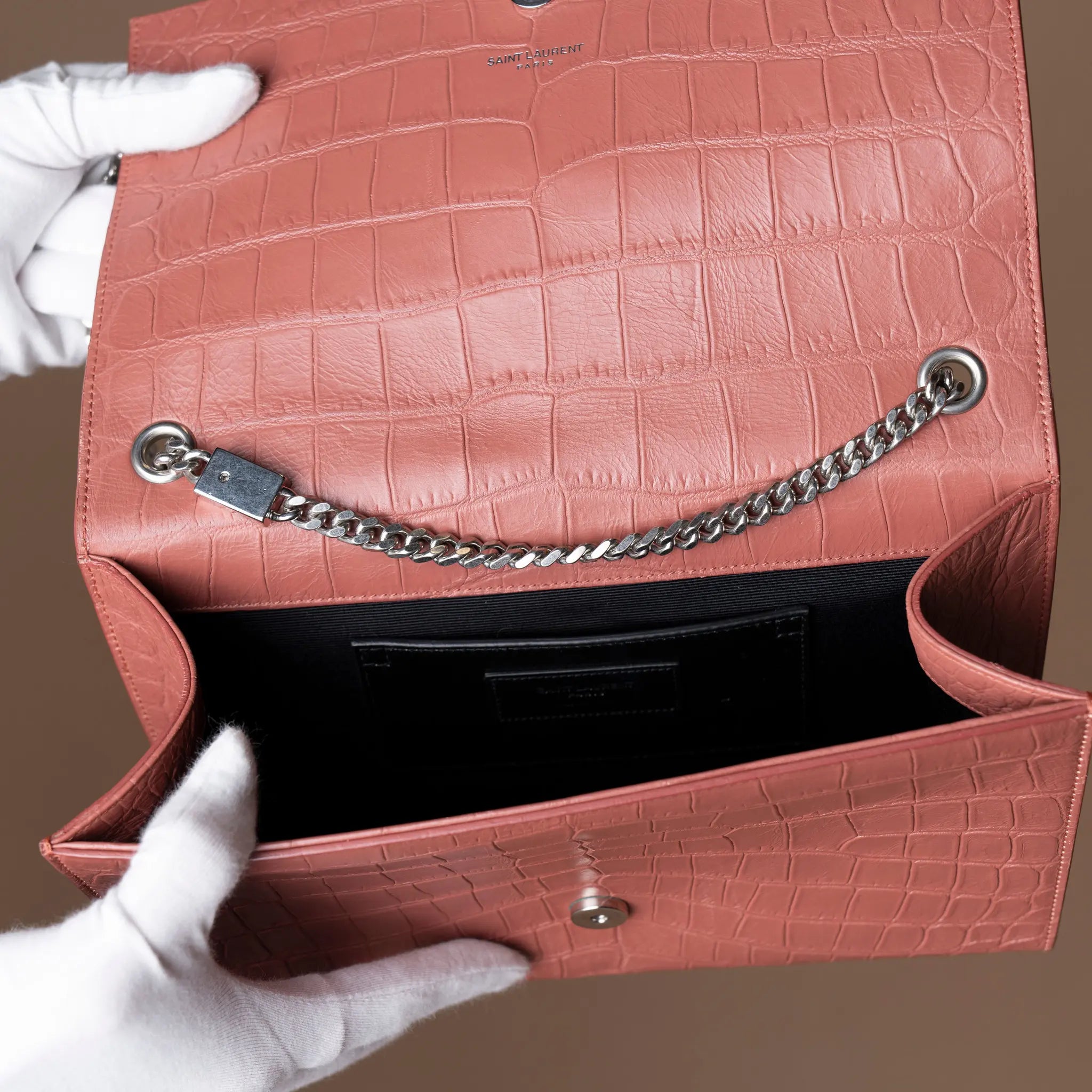 Saint Laurent Medium Croc Embossed Leather Kate Tassel Crossbody — Back View