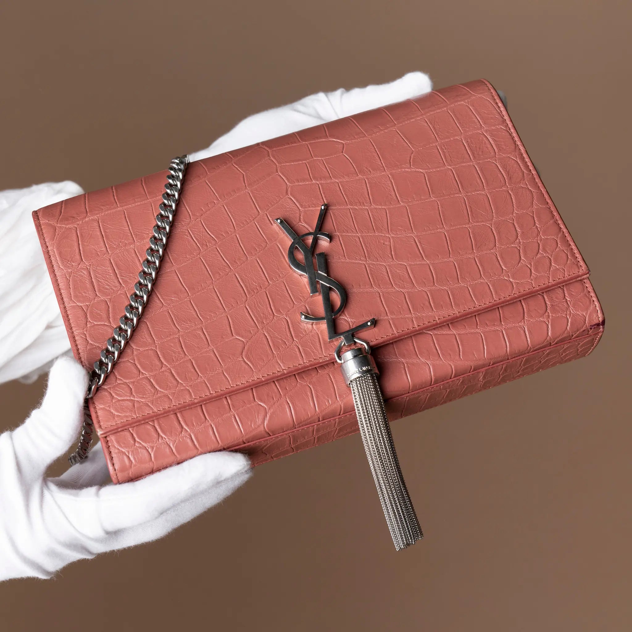 Saint Laurent Medium Croc Embossed Leather Kate Tassel Crossbody — Side Profile