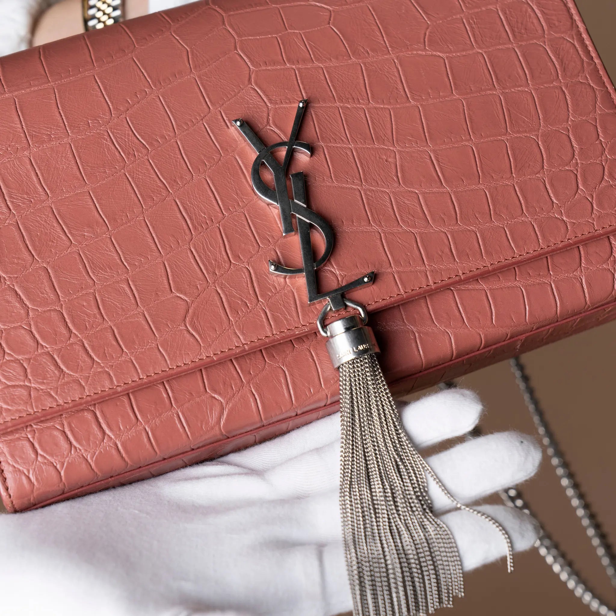 Saint Laurent Medium Croc Embossed Leather Kate Tassel Crossbody — Interior Detail
