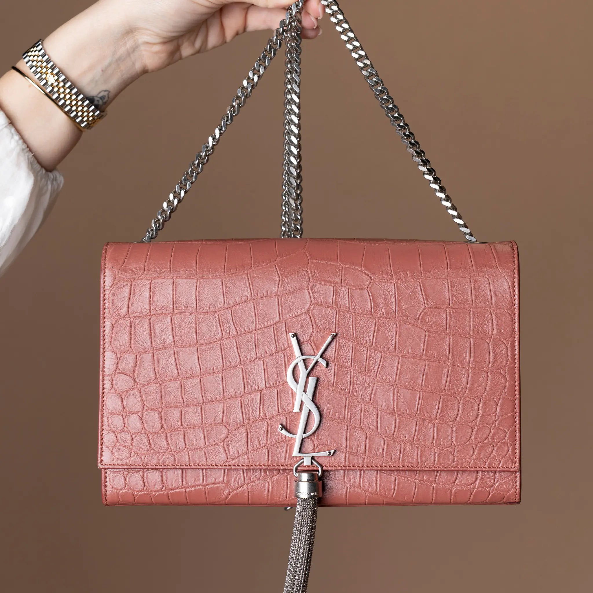 Saint Laurent Medium Croc Embossed Leather Kate Tassel Crossbody — Close-up Detail