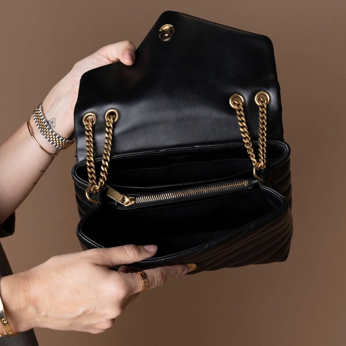 Saint Laurent Small Matelasse Calfskin Monogram LouLou Shoulder Bag — Close-up Detail