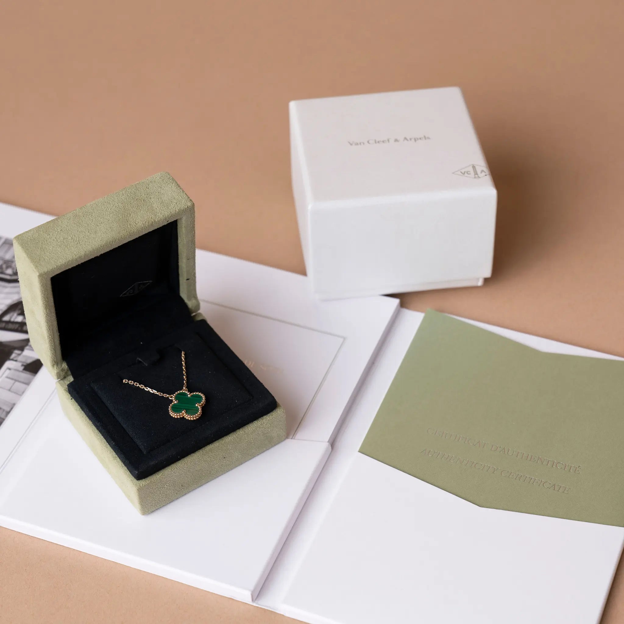 Van Cleef and Arpels 18K Yellow Gold and Malaquite Vintage Alhambra Pendant Necklace — Front View