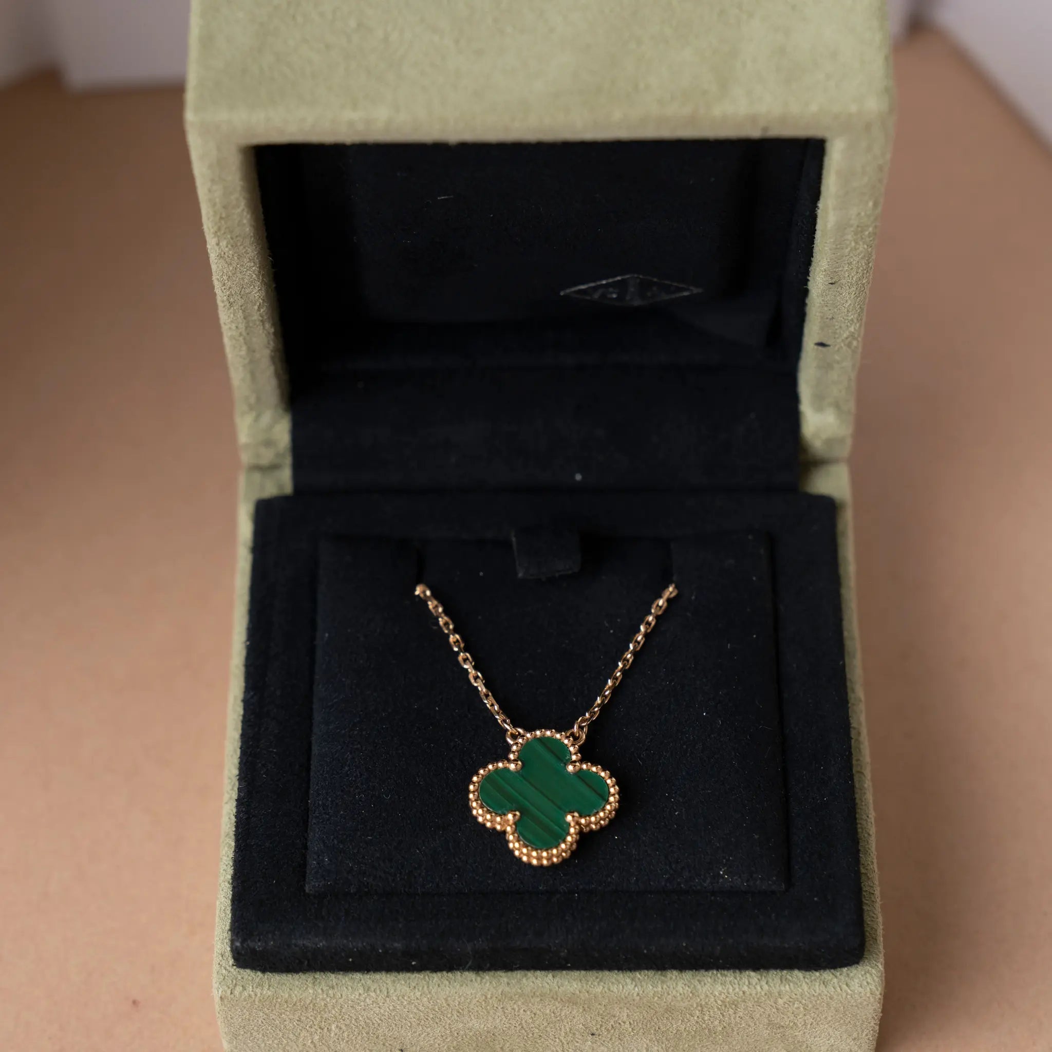 Van Cleef and Arpels 18K Yellow Gold and Malaquite Vintage Alhambra Pendant Necklace — Back View